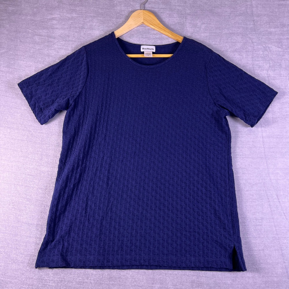 BonWorth Textured Short Sleeve Crew Neck Top Women SP Blue Cotton Blend